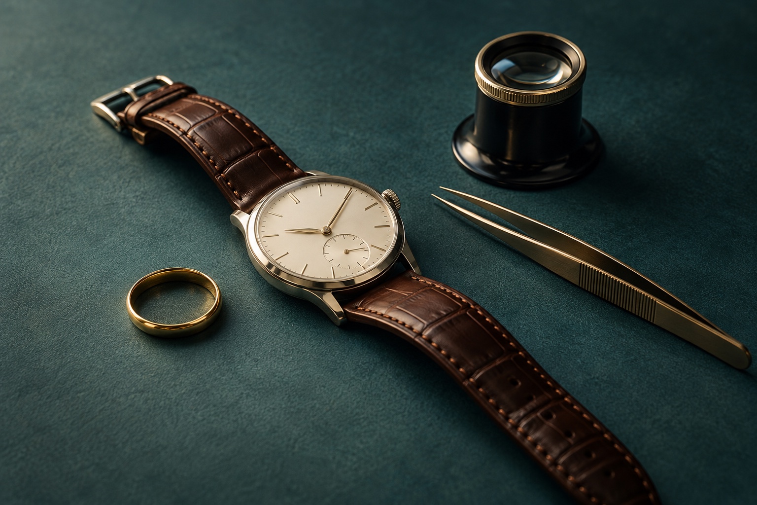 Illustrative still life of a watch, gold ring and precision tools on a teal mat